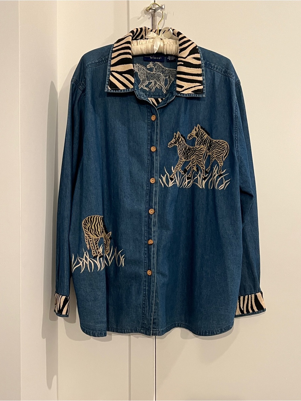 Blue Denim Button-Down Shirt with Zebra Embroidery and Contrast Collar